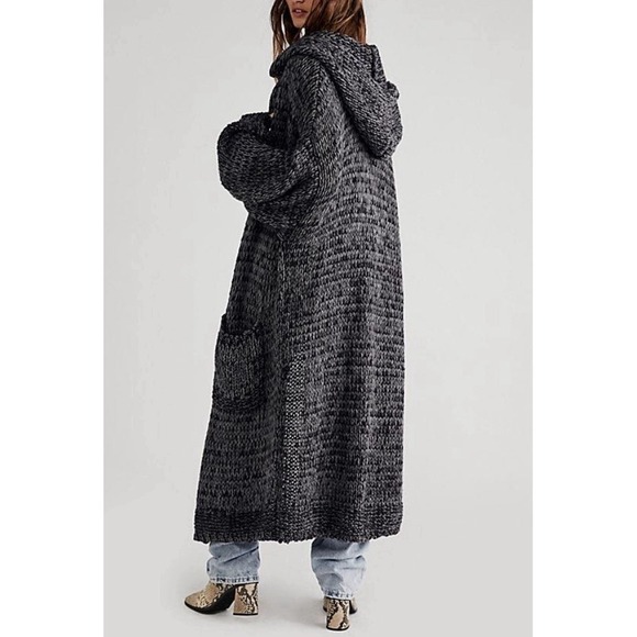 Free People Crofter Cardi Carbon Dust Open Front Hooded Longline Cardigan Sz XS - Picture 2 of 14